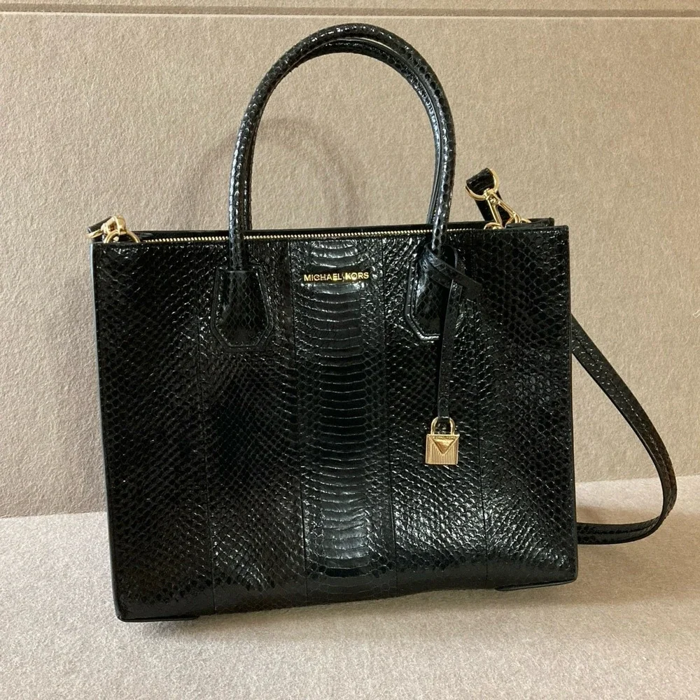MICHAEL KORS Mercer Large Convertible‎ Black Genuine Snakeskin Tote Shoulder Bag